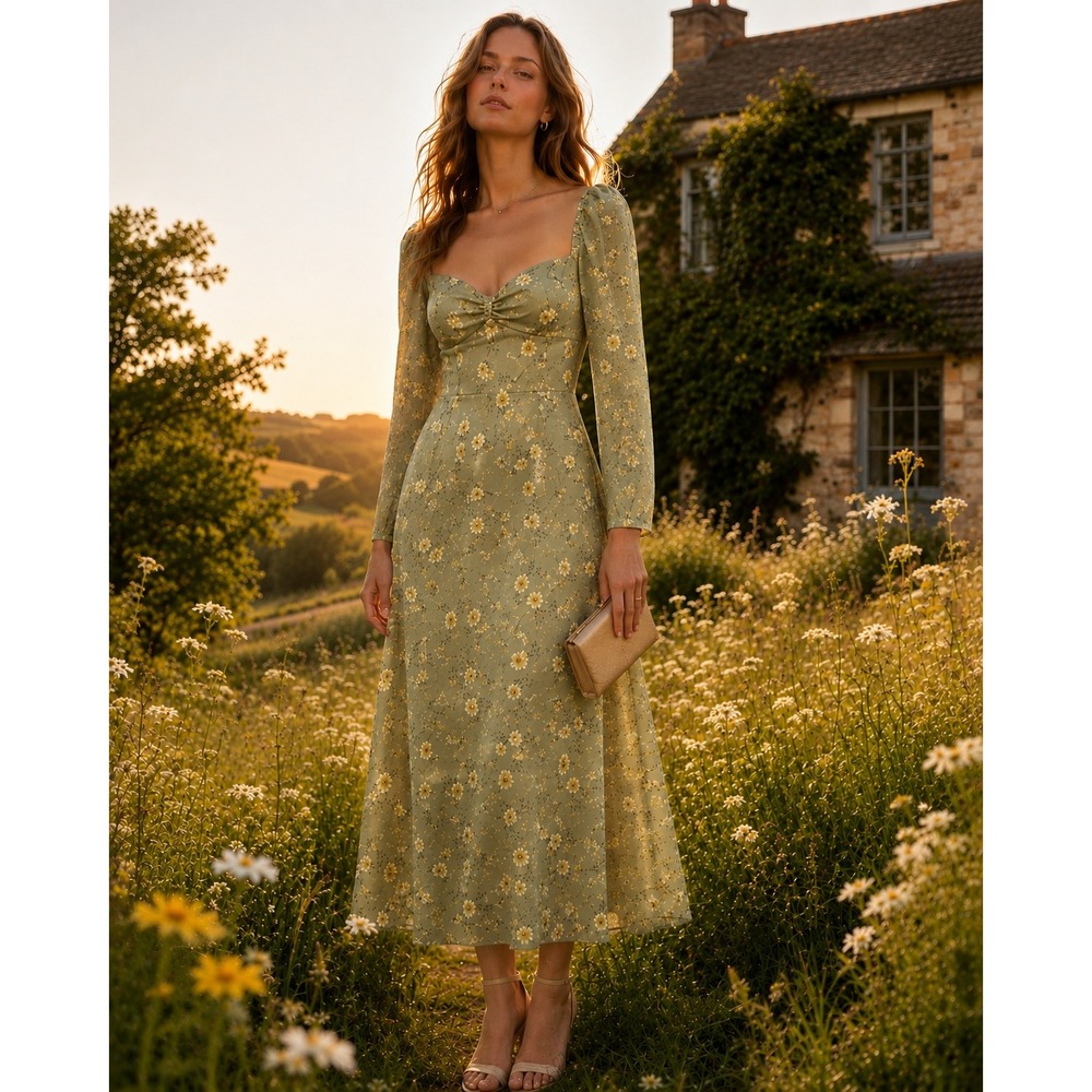 Park & Fifth Floral Satin Midi Dress Sage Green Wedding Guest Romantic XXL